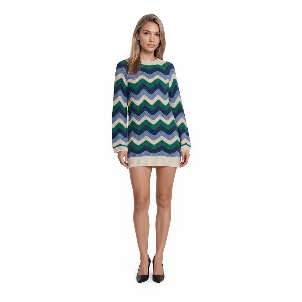 Hyacinth House Mini Sweater Dress Women's Size XS Blue Green Chevron Bell Sleeve